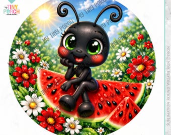 2 letreros redondos PNG de corona de verano con hormigas y sandía, 12x12, descarga digital