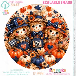 May include: A circular autumn-themed design with three scarecrows wearing straw hats and dungarees, surrounded by pumpkins, sunflowers, and leaves. The text "Happy Fall Y'all" is on the scarecrow's overalls. The design is 30.48 cm in diameter.