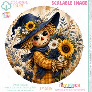 Könnte beinhalten: Ein rundes, skurriles Design mit einer Vogelscheuche mit Strohhut und kariertem Hemd, die einen Strauß Sonnenblumen und blauer Blumen hält. Das Design enthält den Text "Digitaler Download" und ist 30.48 cm im Durchmesser.