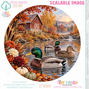 May include: A circular digital design featuring three mallard ducks swimming in a river. The scene includes a red barn, autumn foliage, and a floral arrangement with pumpkins. Text includes "DIGITAL DOWNLOAD 300 dPi", "SCALABLE IMAGE", and "my TINY PORCH".