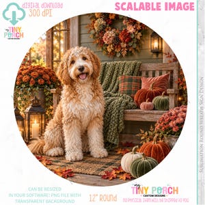Könnte beinhalten: Ein digitales Grafikdesign mit einem Golden Doodle Hund, der auf einer Veranda mit Herbstdekoration sitzt, darunter Kürbisse, ein Kranz, eine grüne Strickdecke und Laternen. Das kreisförmige Bild enthält den Text SCALABLE IMAGE und 12 INCH ROUND.