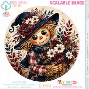 May include: A round digital image of a scarecrow wearing a hat decorated with flowers. The scarecrow has a plaid shirt, denim overalls, and a scarf, holding a bouquet. The image is 30.48 cm in diameter and includes the text "Digital Download".