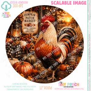 Könnte beinhalten: Ein rundes Sublimationsdesign mit einem Hahn mit orangefarbenen, weißen und schwarzen Federn. Das Bild enthält Kürbisse, ein Kürbismarktschild und den Text "Pumpkin Patch Market". Das Design ist 30,48 cm rund.