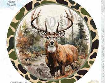May include: A 12-inch round sublimation design featuring a watercolor illustration of a white-tailed deer standing in a forest setting. The background is a camouflage pattern in shades of green and brown.
