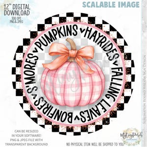 Fall PNG sign, Pumpkin wreath sign design, Fall sign, Thanksgiving PNG sign, Watercolor pumpkin, Black & White Check sublimation PNG