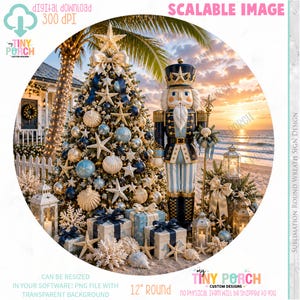 May include: A circular digital design featuring a Christmas tree decorated with blue and gold ornaments and starfish, standing next to a large nutcracker figure on a beach at sunset. The image includes lanterns, wrapped gifts, and seashells.