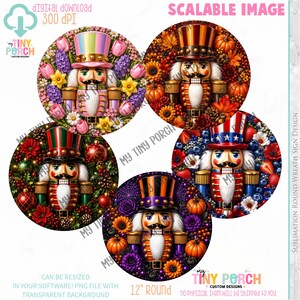 Könnte beinhalten: Vier runde Sublimationsdesigns mit Nussknackersoldaten. Jedes Design hat ein anderes Farbschema und florale oder saisonale Elemente. Die Designs sind 30,48 cm rund und skalierbare PNG-Dateien mit transparentem Hintergrund.
