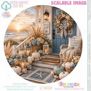 May include: A digital design featuring a coastal porch scene with white pumpkins, blue and beige hydrangeas, lanterns, a wreath, and a chair with a pillow reading Grateful Thankful Blessed. A welcome mat and a rug with a starfish are visible.