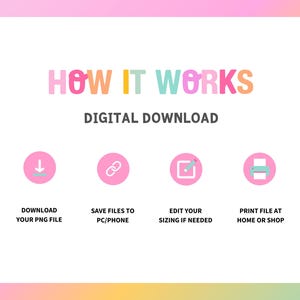 May include: A digital download graphic with the text "HOW IT WORKS" in colorful letters. Below, four pink circles with icons and text explain the process: download, save, edit, and print.
