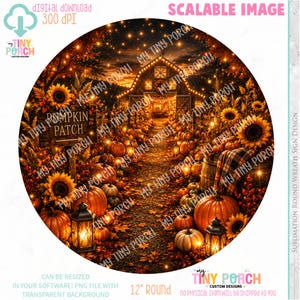 Könnte beinhalten: Ein rundes digitales Design mit einer Kürbisfeld-Szene. Das Bild zeigt einen Weg zu einer Scheune, umgeben von Kürbissen, Sonnenblumen und Laternen. Der Text "Pumpkin Patch" befindet sich auf einem Holzschild. Das Design ist 30.48 cm rund.
