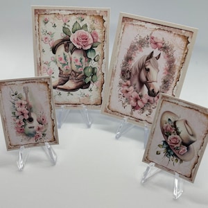 Dollhouse Miniature Western Art: Cowgirl, Horse, Guitar - Set of 2