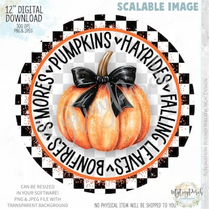 Fall PNG sign, Pumpkin wreath sign design, Fall sign, Thanksgiving PNG sign, Watercolor pumpkin, Black & White Check sublimation PNG