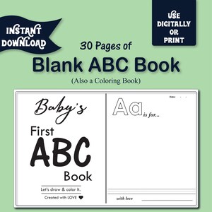 Puede incluir: Un libro de ABC imprimible en blanco y negro para bebés. La portada presenta el texto "Baby's First ABC Book" y una página de muestra muestra la letra "A" con un espacio para dibujar y colorear.