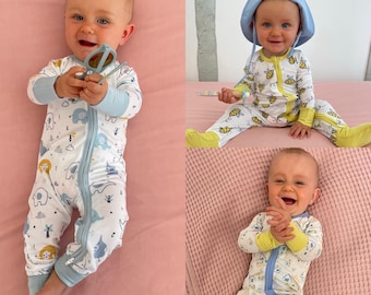 SET OF 3 Gender Neutral Extra Soft Lightweight Zipper Sleepsuits| Bamboo Zip up Baby Grow| Two-way Zip Baby Grow