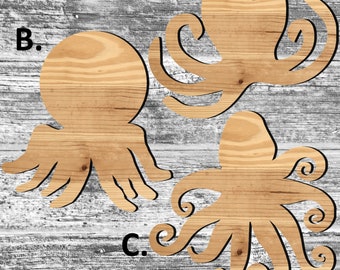 Unfinished Octopus or Painted Wood Cutouts Set, Wooden Octopus, Octopus Ornament, Octopus Shape Sign, Decor, Solid Wood, Summer Beach Ocean