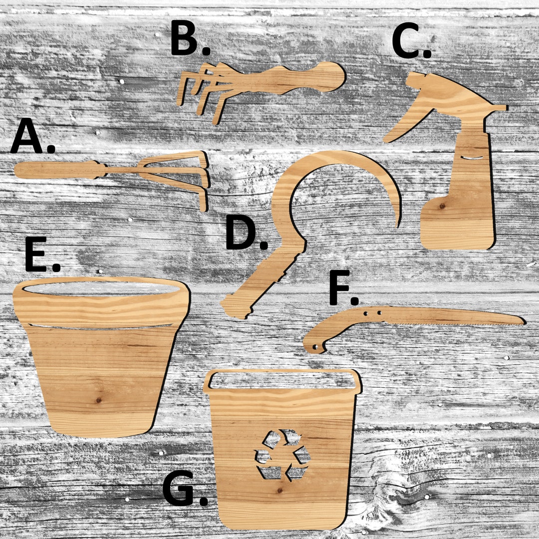 Hand Tools Cutouts Unfinished Yard Tools Painted Wood Cutouts Claw Saw Sickle Spray Bottle ...