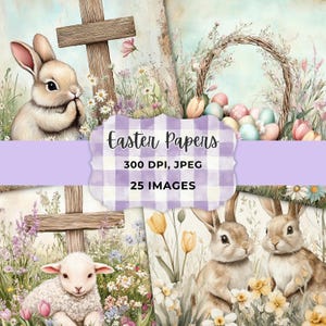 May include: A digital paper pack with 25 images featuring Easter themes. The images include bunnies, crosses, eggs, flowers, and a basket. The images are in a watercolor style and have a vintage feel.