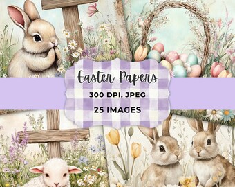 Easter Digital Paper Pack Spring Christian Junk Journal Pages Vintage Bunny Floral Backgrounds  Instant Download JPEG Files