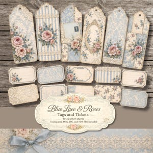 May include: A collection of digital tags and tickets featuring blue and cream damask patterns, lace accents, and pink rose illustrations. The text Blue Lace & Roses Tags and Tickets 8 US letter sheets Transparent PNG, JPG, and PDF files included is visible.