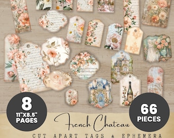 French Chateau Junk Journal Tags, Vintage Ephemera Cutouts, Floral Printable Tags, French Chateaucore Labels and Embellishment, Shabby chic