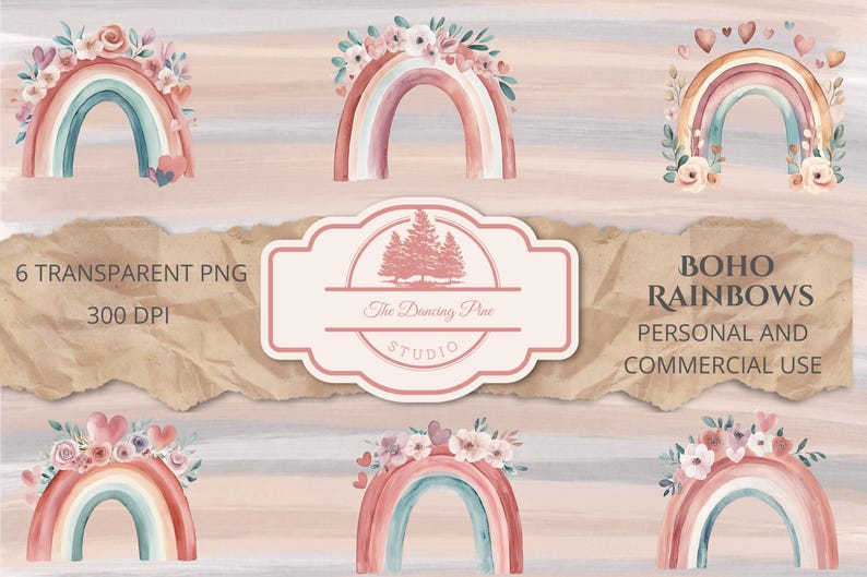 Boho Watercolor Rainbows and Flowers | Boho Rainbow Floral Clipart Set ...