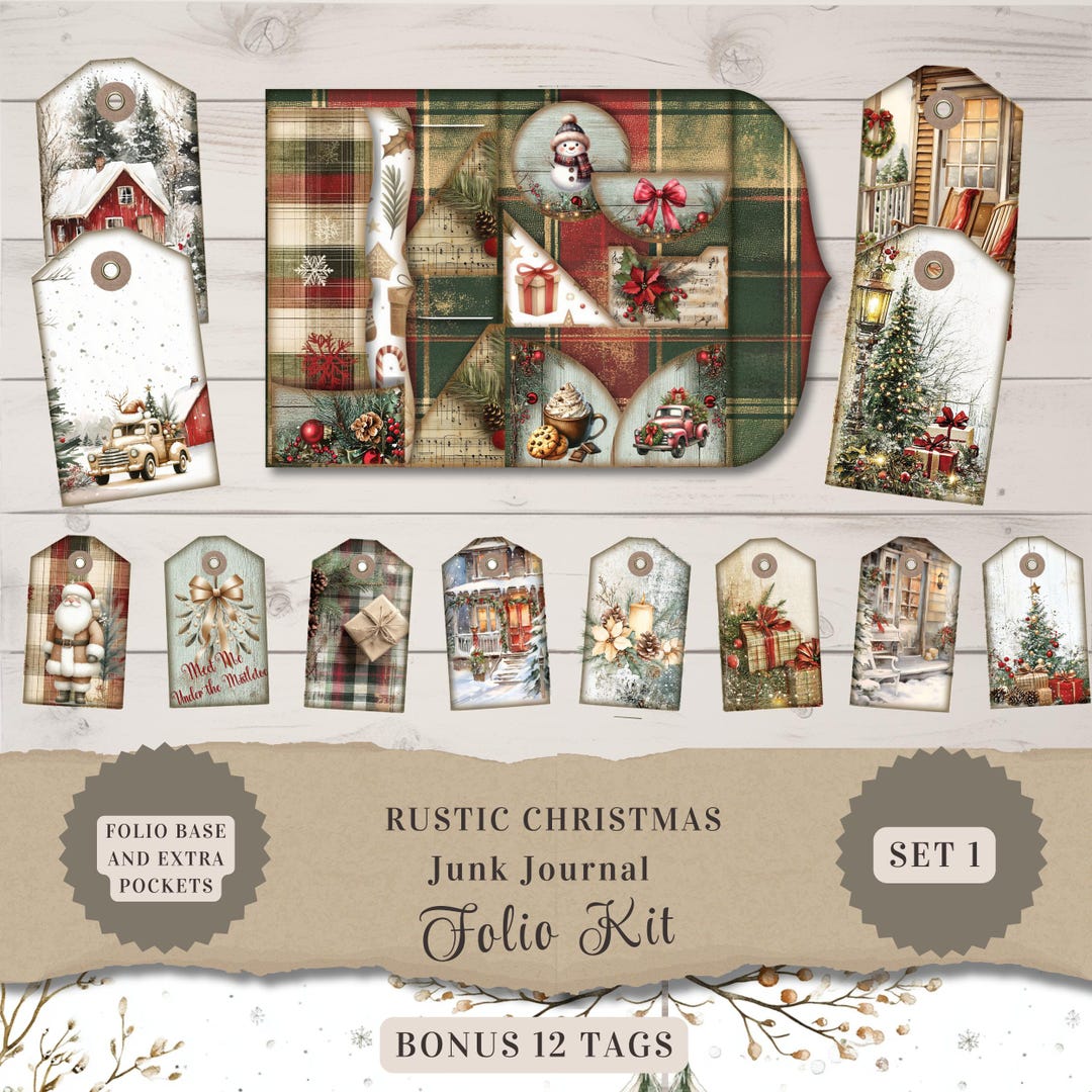 Rustic Christmas Junk Journal Folio Kit With 12 Bonus Tags, Festive ...