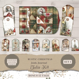 Rustic Christmas Junk Journal Folio Kit with 12 Bonus Tags, Festive Vintage Ephemera, Holiday Scrapbook Supplies, Printable Folio Kit