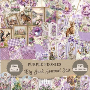 O kit de diário de lixo Purple Peonies inclui mais de 130 páginas para impressão de etiquetas de itens efêmeros, bolsos, fólios, download de diário de lixo Cottagecore floral vintage