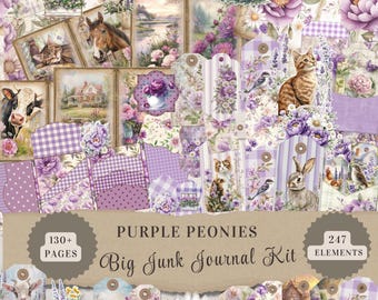 Purple Peonies Junk Journal Kit includes 130+ Pages Printable Ephemera Tags Pockets Folios, Vintage Floral Cottagecore Junk Journal Download