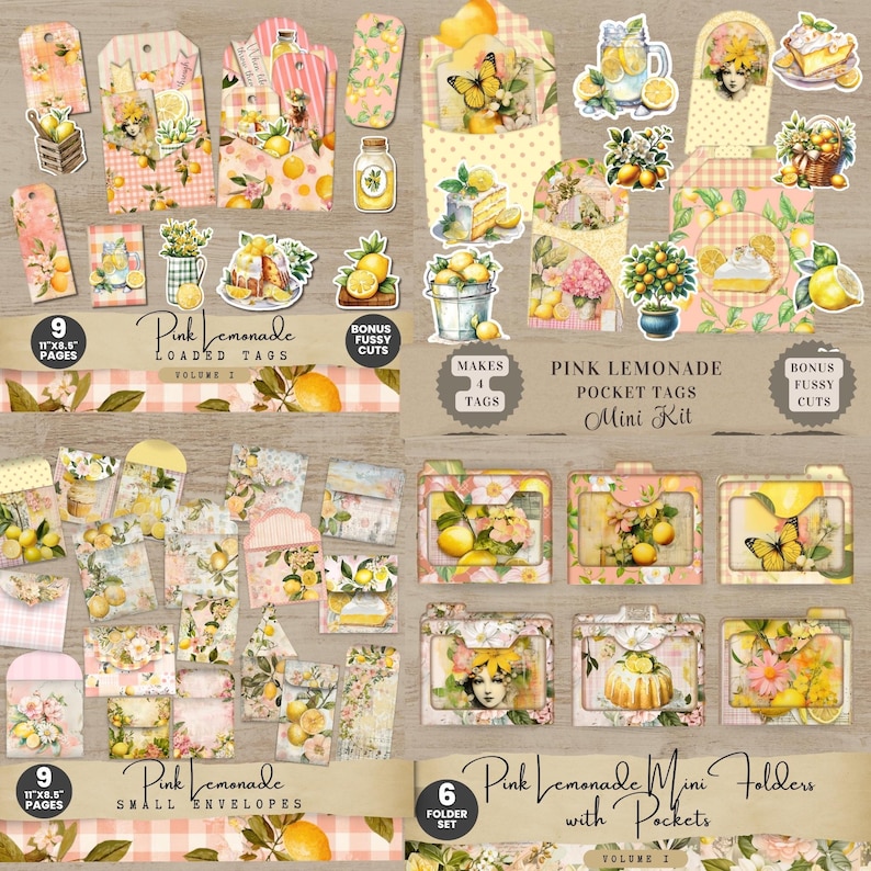 a collection of various items related to the theme of pink lemonade, including small envelopes, mini folders, and other decorative elements. The items are arranged in a grid-like pattern, showcasing different designs and patterns that evoke the essence of a pink lemonade theme.