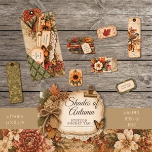 Może przedstawiać: Cyfrowy zestaw do rękodzieła zatytułowany Shades of Autumn zawierający wypchaną zawieszkę kieszonkową, zakładki i etykiety z jesiennymi motywami, takimi jak słoneczniki, liście klonu, motyle i ptaki, z napisami takimi jak Simple Blessings i Happiness Lives Here.