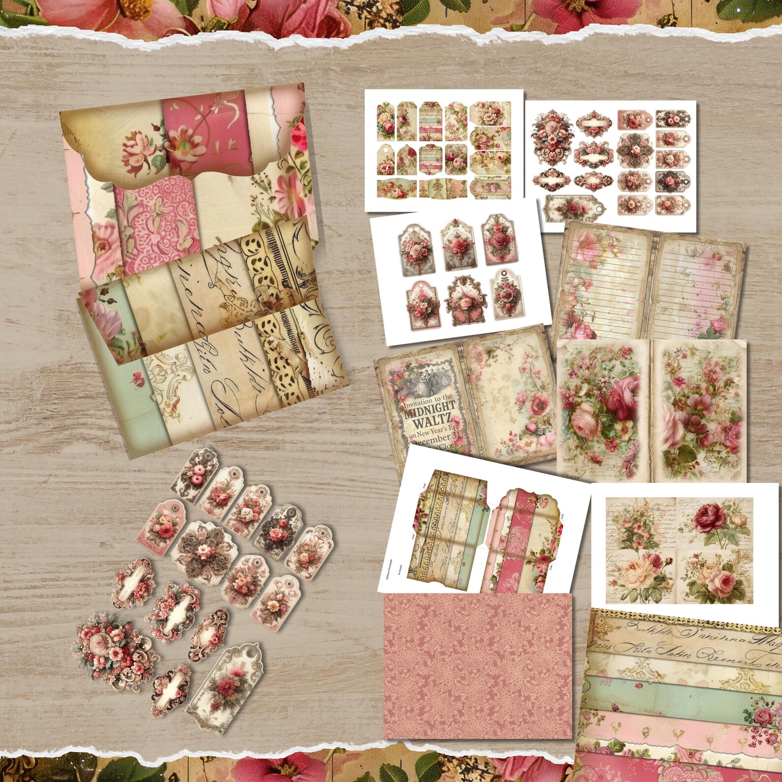 Printable Vintage Rose Junk Journal Kit - Floral Pages & Ephemera RP001 ...