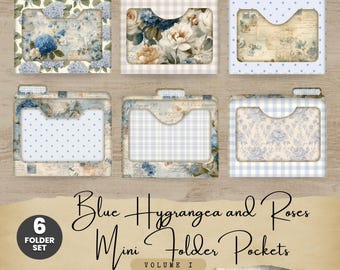 Vintage Blue Hydrangea and Ivory Roses Mini Folder Pockets Printable Ephemera Set for Junk Journals Scrapbooking and DIY Projects BH001