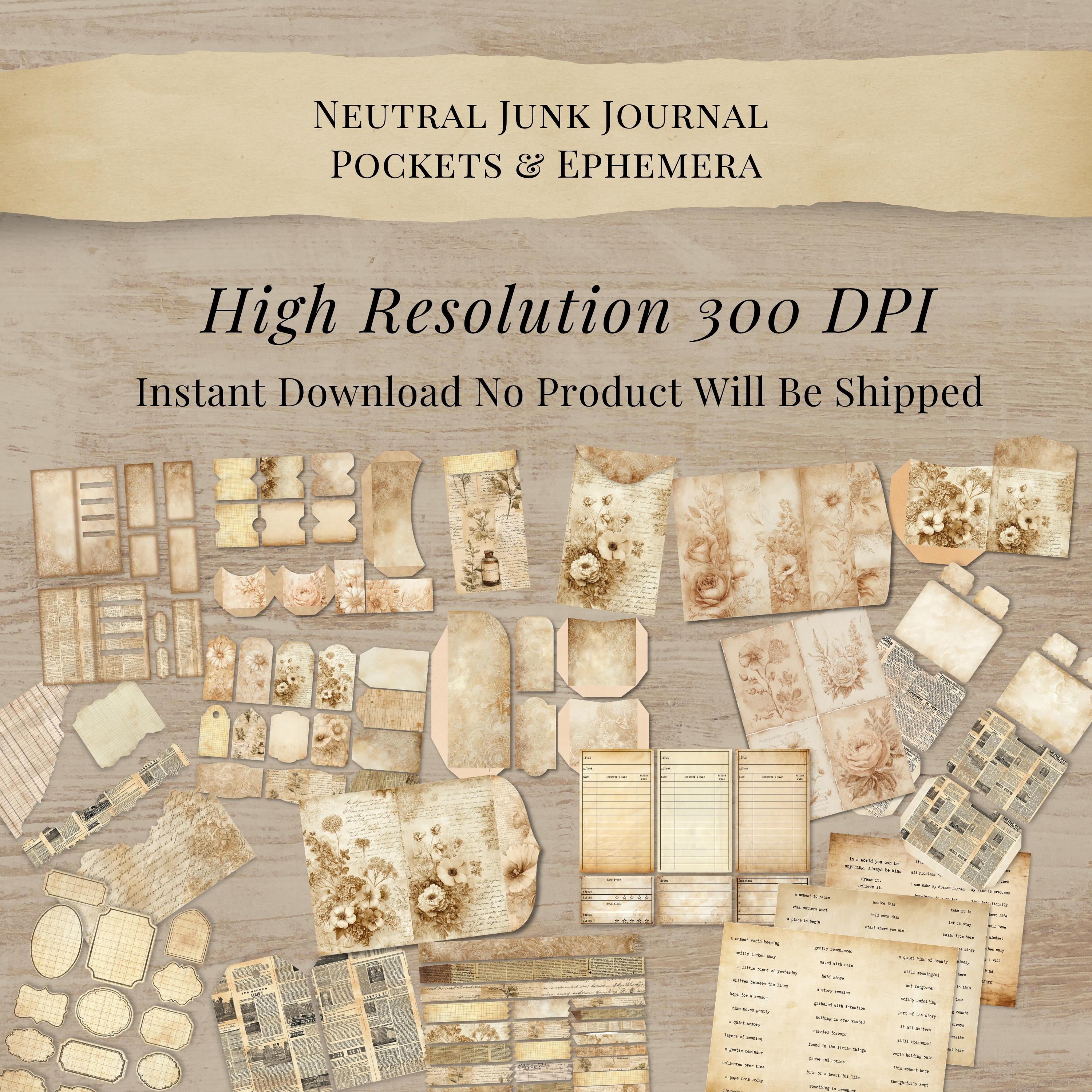 Neutral Junk Journal Kit Vintage Ephemera Papers Tags Pockets Printable ...