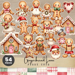 Könnte beinhalten: Eine Sammlung von 54 filigranen Ausstanzungen zum Thema Lebkuchen, darunter Lebkuchenmännchen, ein Hund, eine Katze, ein Weihnachtsmann, Lebkuchenhäuser und ein Herz. Der Text "Gingerbread Lane" und "Fussy Cuts" ist ebenfalls sichtbar.