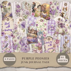 Lila Pfingstrosen Junk Journal Tags, druckbare Vintage Blumen Cottagecore Ephemera für Scrapbooking, Collage Elemente, DIY Einsätze, 64 Teile