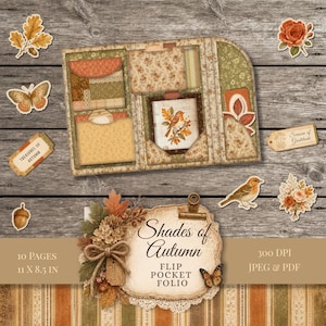 May include: A digital scrapbooking kit featuring a flip pocket folio with autumn-themed floral and bird patterns, accompanied by individual die-cut elements like butterflies, acorns, roses, and tags labeled "Treasures of Autumn" and "Season of Gratitude."