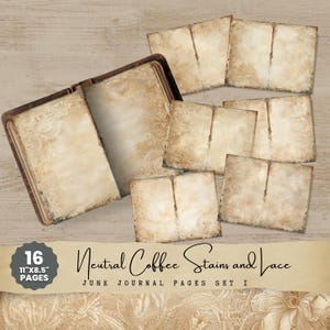 May include: A set of 16 vintage journal pages featuring neutral coffee stains and lace patterns. The pages are 27.9 cm x 21.6 cm and are displayed on a light wood surface. The image text reads "Neutral Coffee Stains and Lace".