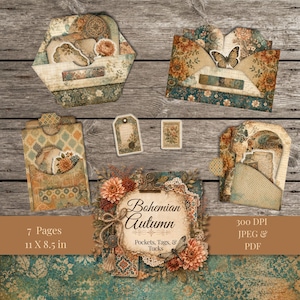 May include: A digital scrapbooking kit titled Bohemian Autumn Pockets, Tags, & Tucks, featuring seven 11 by 8.5 inch pages. The collection includes various paper pockets, decorative tags, and tuck spots adorned with floral, butterfly, and vintage patterns.