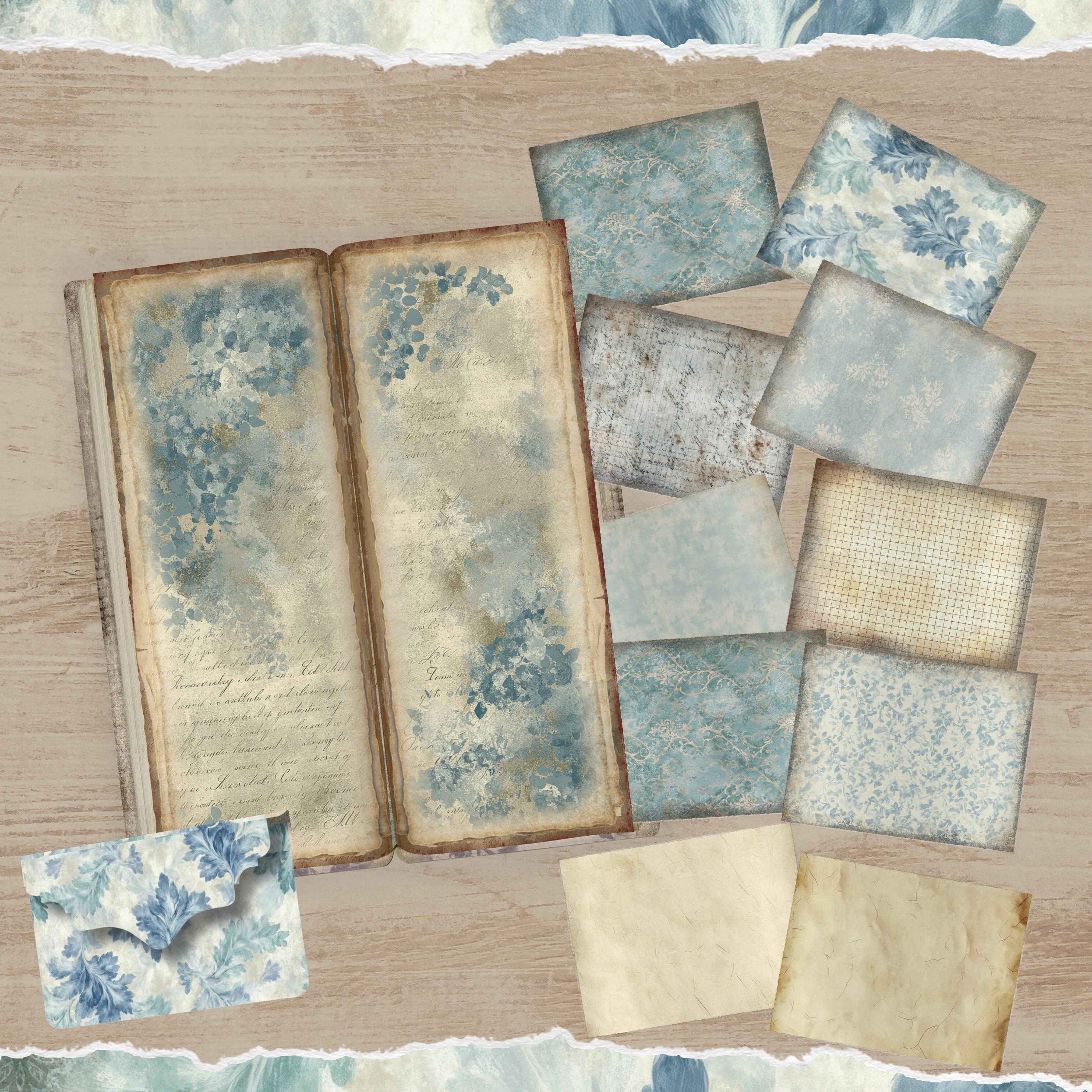 Vintage Junk Journal Kit, Blue Teal Damask Floral Collage (55 Printable ...