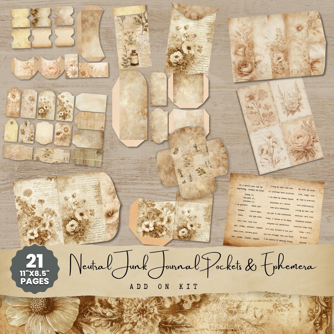Neutral Junk Journal Pockets, Folio Bases, and Ephemera Add on Kit ...