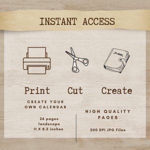 The image is a promotional graphic for a service that allows users to create their own calendars. It features icons for printing, cutting, and creating a calendar, along with text indicating the features and benefits of the service.