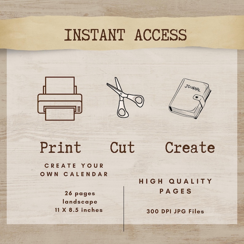 The image is a promotional graphic for a service that allows users to create their own calendars. It features icons for printing, cutting, and creating a calendar, along with text indicating the features and benefits of the service.