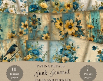 Patina Petals Junk Journal Kit, Teal and Gold Digital Papers with Tags, Floral Printable Ephemera, 17 Page Vintage Grunge Collage Kit PP001