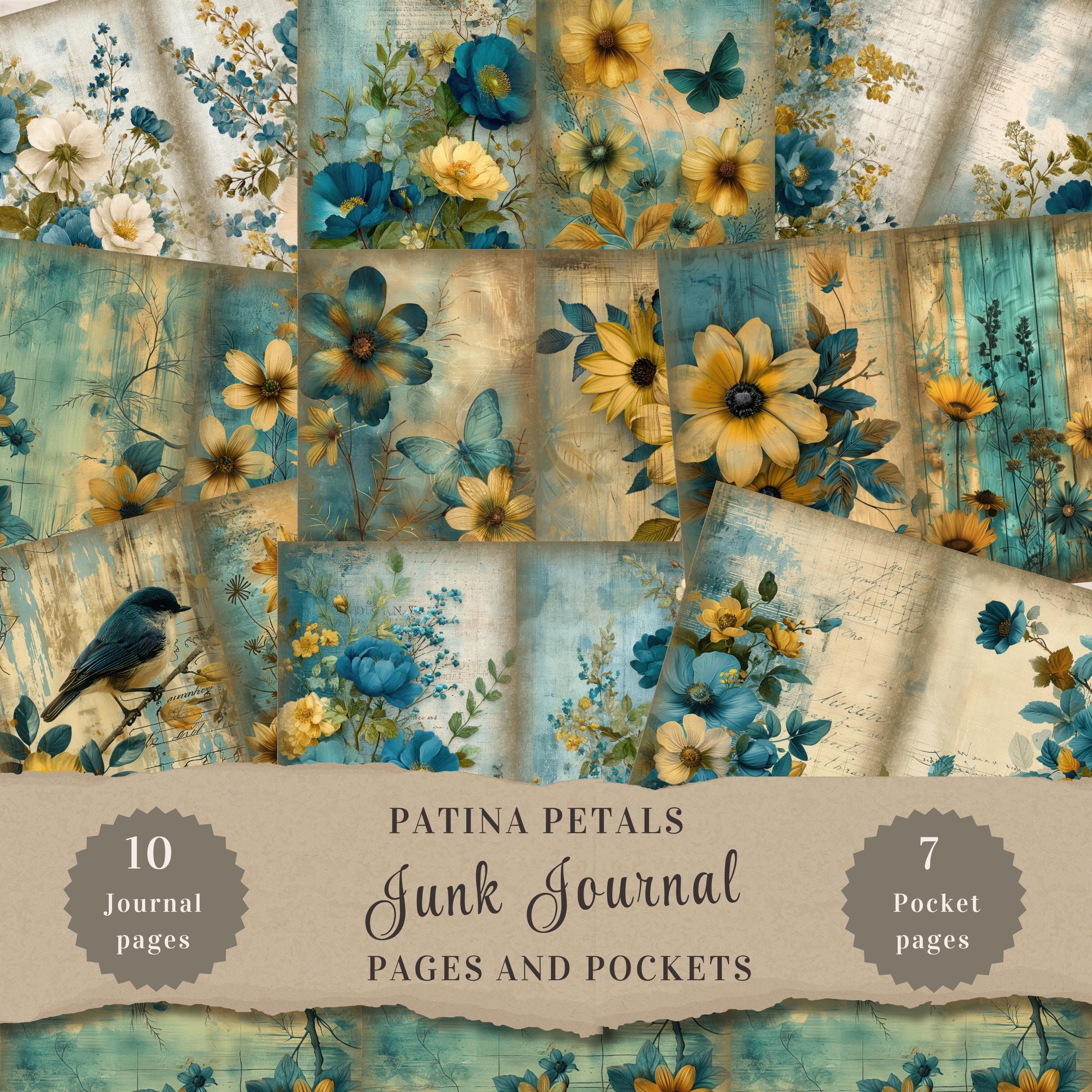 Patina Petals Junk Journal Kit, Teal and Gold Digital Papers With Tags ...
