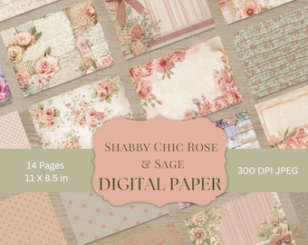 Digitalt papper med rosor och salvia från Shabby Chic, utskrivbara sidor med vintageblommor