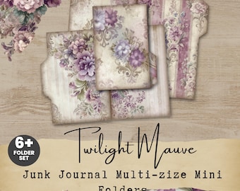 May include: A set of six or more junk journal mini folders with a floral design in shades of purple and cream. The folders are labelled "Twilight Mauve" and are multi-size.