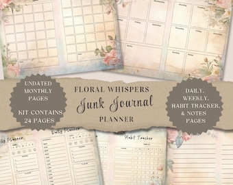 Agenda sin fecha estilo Junk Journal, kit imprimible vintage Floral Whispers, 24 unidades. Incluye rastreador de hábitos diario, semanal y mensual. Estilo Cottagecore JPG FW001