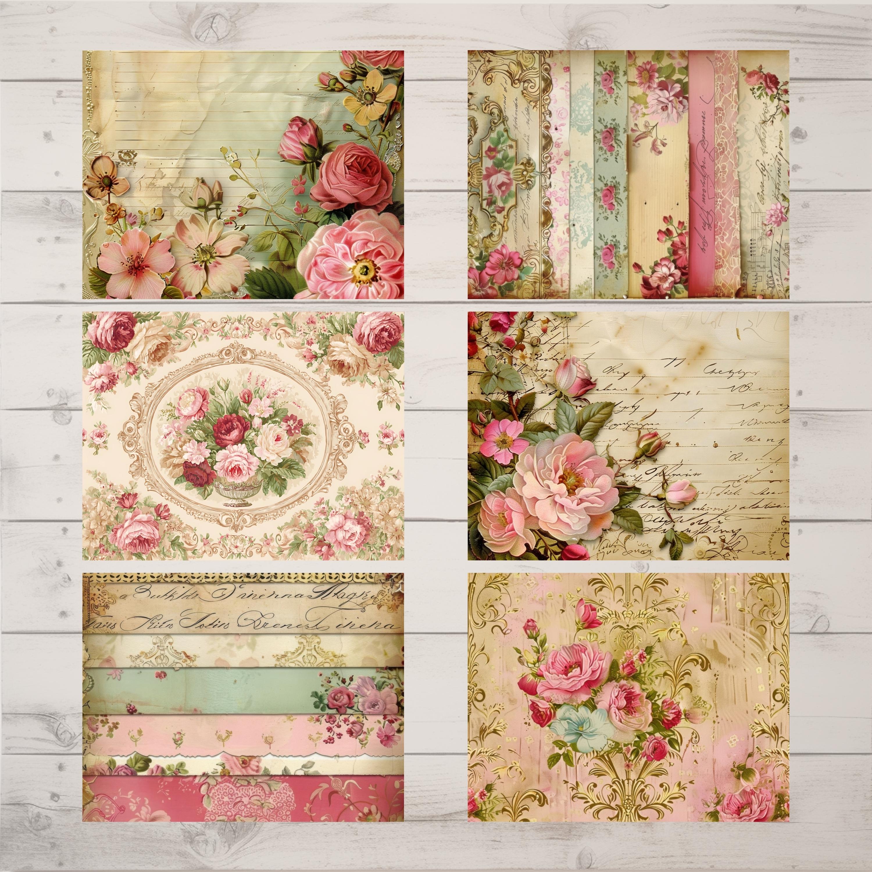 Shabby Chic Rose Digital Paper, Vintage Floral Junk Journal Pages, 12 ...