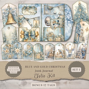 Blauw goud Christmas Junk Journal Folio Kit - afdrukbaar papier knutselen - kortstondige feestdagen - digitale download - 12 bonustags